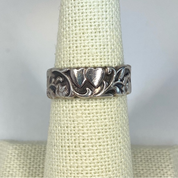 Antique Jewelry - Vintage Antique Sterling Silver Twin Heart Flowers Sweetheart Band Ring SZ 6.25